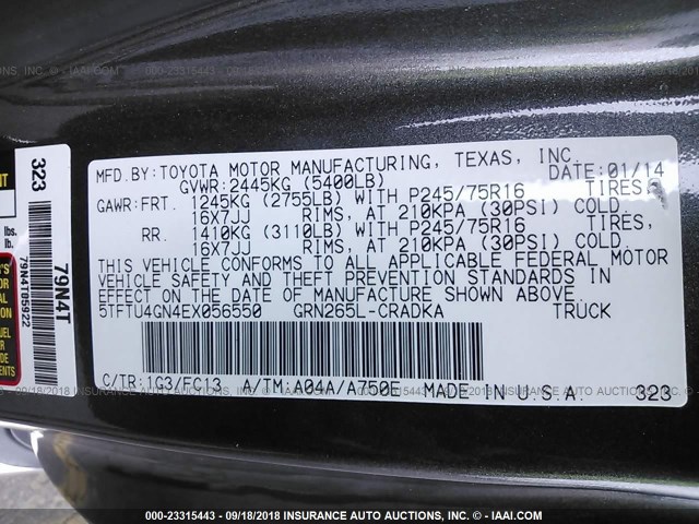 5TFTU4GN4EX056550 - 2014 TOYOTA TACOMA PRERUNNER ACCESS CAB GRAY photo 9