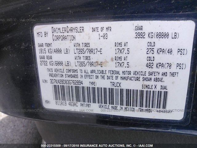 3D7KA28D83G762894 - 2003 DODGE RAM 2500 ST/SLT BLUE photo 9