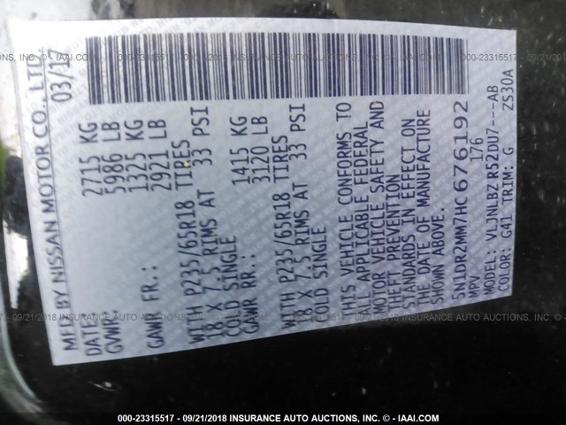5N1DR2MM7HC676192 - 2017 NISSAN PATHFINDER S/SV/SL/PLATINUM BLACK photo 9