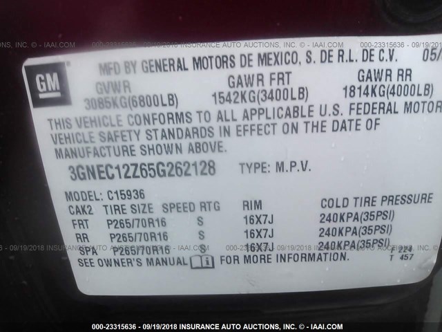 3GNEC12Z65G262128 - 2005 CHEVROLET AVALANCHE C1500 MAROON photo 9