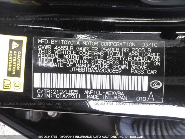 JTHBB1BA3A2030659 - 2010 LEXUS HS 250H BLACK photo 9