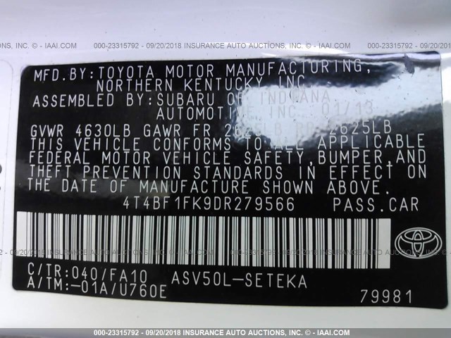 4T4BF1FK9DR279566 - 2013 TOYOTA CAMRY L/SE/LE/XLE Ağ foto 9