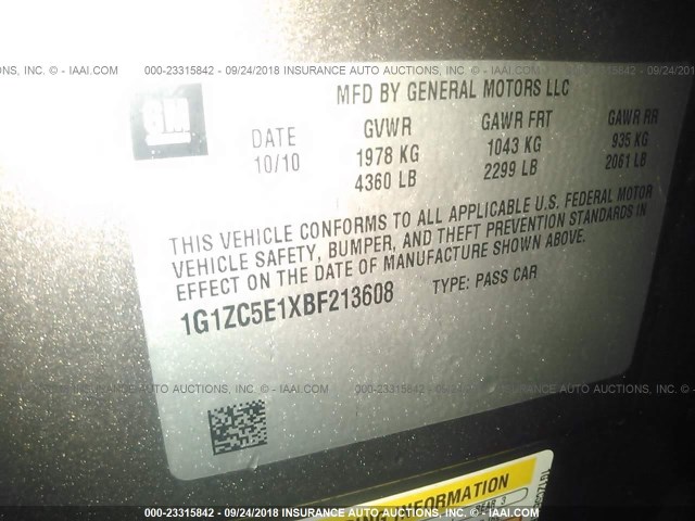 1G1ZC5E1XBF213608 - 2011 CHEVROLET MALIBU 1LT GRAY photo 9