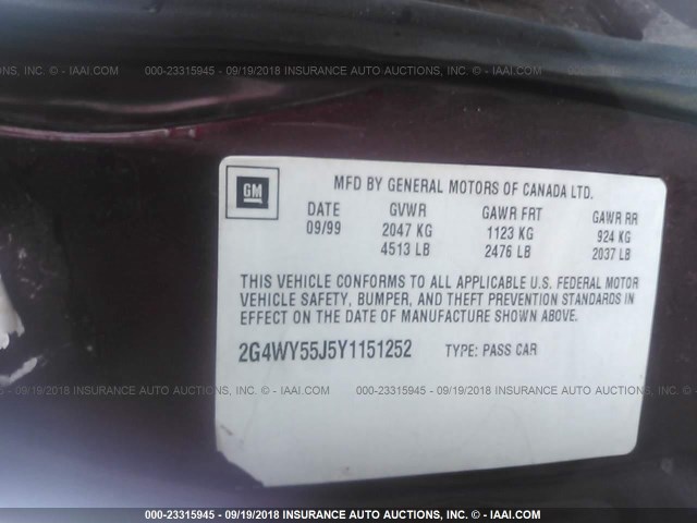 2G4WY55J5Y1151252 - 2000 BUICK CENTURY LIMITED/2000 MAROON photo 9