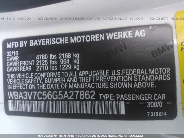 WBA3V7C56G5A27862 - 2016 BMW 428 I/SULEV WHITE photo 9