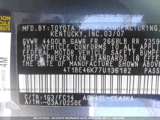 4T1BE46K77U136182 - 2007 TOYOTA CAMRY CE/LE/XLE/SE GRAY photo 9