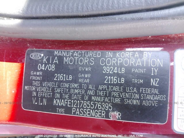 KNAFE121785576395 - 2008 KIA SPECTRA EX/LX/SX RED photo 9