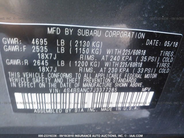 4S4BSANC7J3377285 - 2018 SUBARU OUTBACK 2.5I LIMITED GRAY photo 9