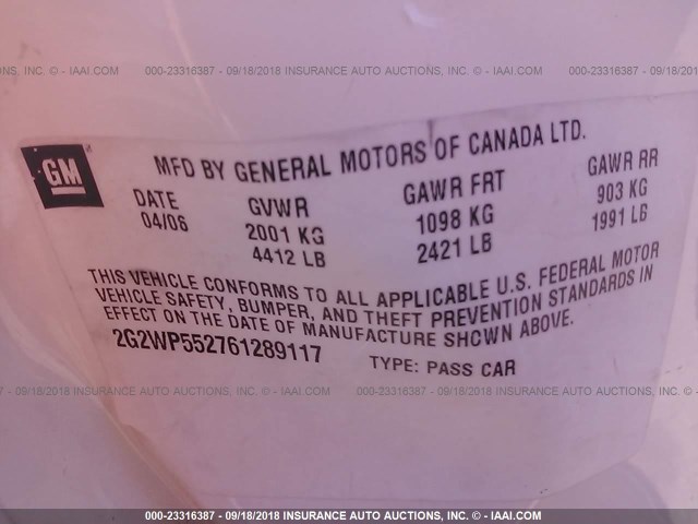 2G2WP552761289117 - 2006 PONTIAC GRAND PRIX Білий фото 9