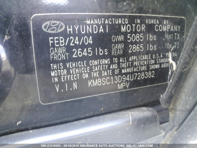 KM8SC13D94U728382 - 2004 HYUNDAI SANTA FE GLS/LX BLACK photo 9