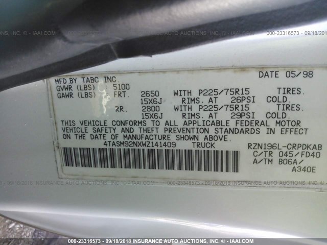 4TASM92NXWZ141409 - 1998 TOYOTA TACOMA XTRACAB PRERUNNER თეთრი ფოტო 9