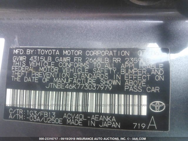 JTNBE46K773037979 - 2007 TOYOTA CAMRY NEW GENERAT CE/LE/XLE/SE GRAY photo 9