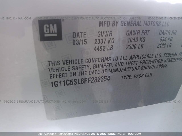 1G11C5SL8FF282354 - 2015 CHEVROLET MALIBU 1LT WHITE photo 9