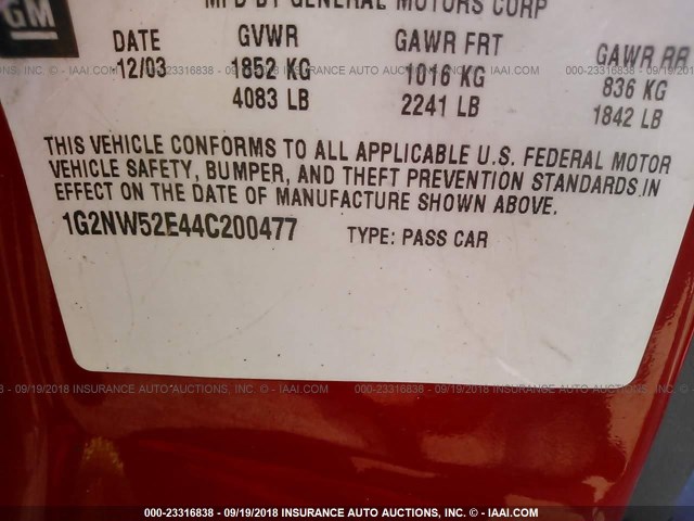 1G2NW52E44C200477 - 2004 PONTIAC GRAND AM GT RED photo 9