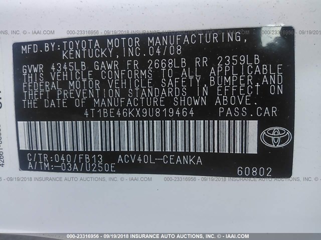 4T1BE46KX9U819464 - 2009 TOYOTA CAMRY SE/LE/XLE 白色 照片 9