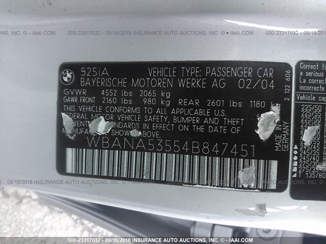 WBANA53554B847451 - 2004 BMW 525 I SILVER photo 9