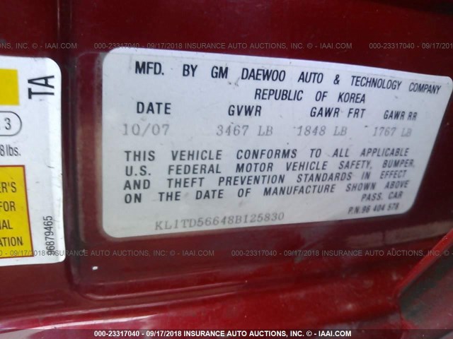 KL1TD56648B125830 - 2008 CHEVROLET AVEO LS RED photo 9
