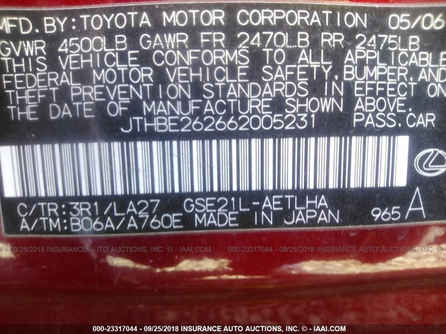 JTHBE262662005231 - 2006 LEXUS IS 350 RED photo 9