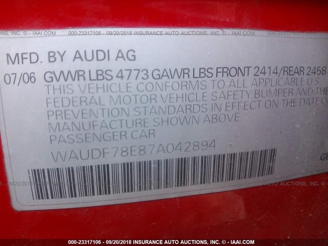 WAUDF78E87A042894 - 2007 AUDI A4 2.0T QUATTRO RED photo 9