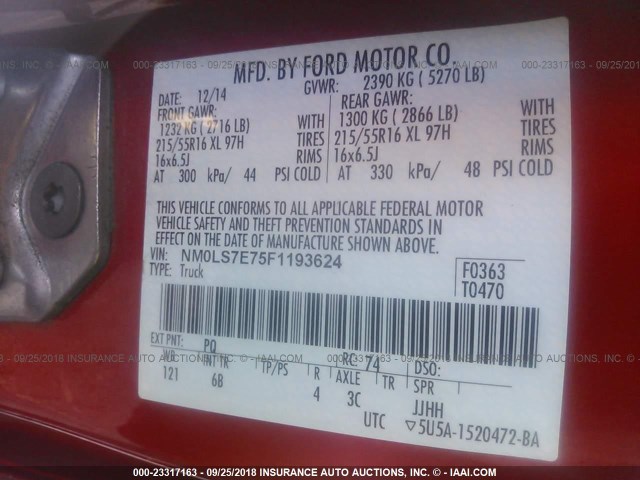 NM0LS7E75F1193624 - 2015 FORD TRANSIT CONNECT XL RED photo 9