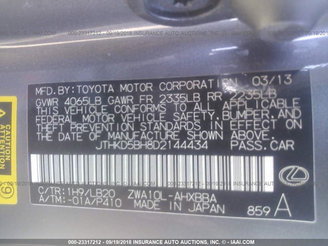 JTHKD5BH8D2144434 - 2013 LEXUS CT 200 GRAY photo 9