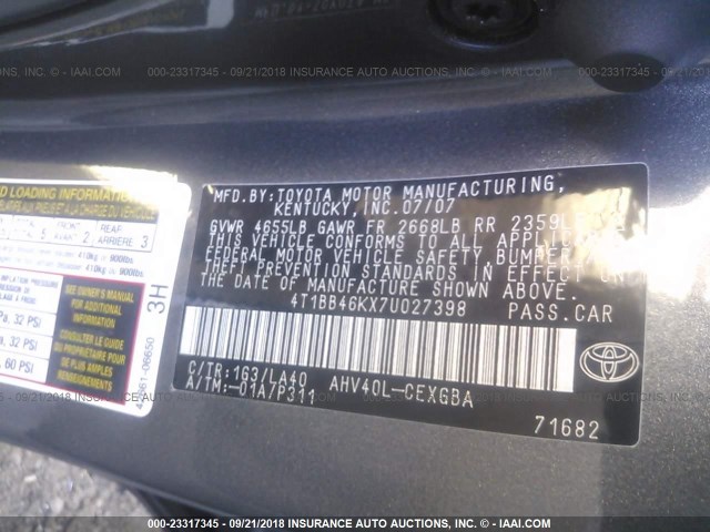 4T1BB46KX7U027398 - 2007 TOYOTA CAMRY NEW GENERAT HYBRID GRAY photo 9