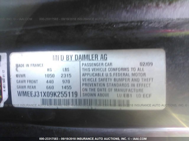 WMEEJ31X09K255119 - 2009 SMART FORTWO PURE/PASSION RED photo 9