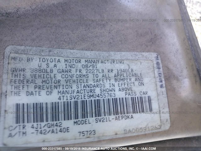 4T1SV21E9MU455763 - 1991 TOYOTA CAMRY DLX BEIGE photo 9