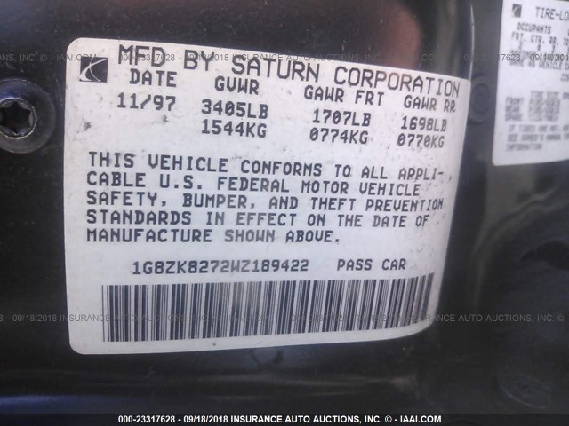 1G8ZK8272WZ189422 - 1998 SATURN SW2 GOLD photo 9