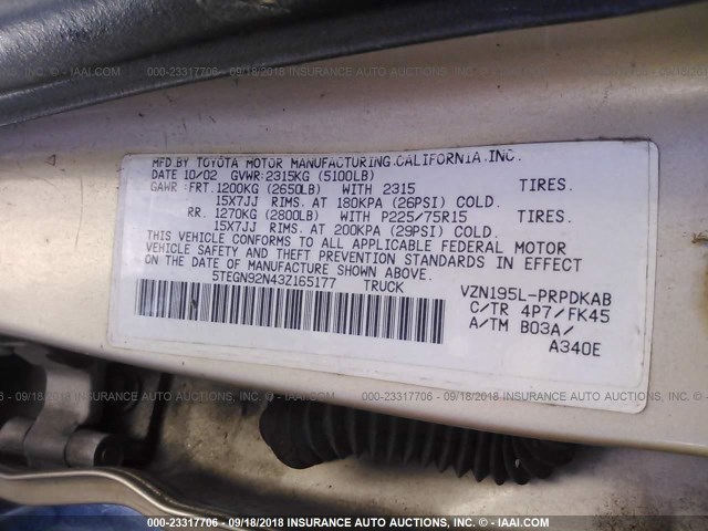 5TEGN92N43Z165177 - 2003 TOYOTA TACOMA DOUBLE CAB PRERUNNER BROWN photo 9