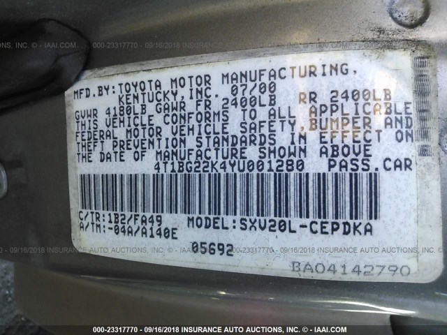 4T1BG22K4YU001280 - 2000 TOYOTA CAMRY CE/LE/XLE 棕色 照片 9
