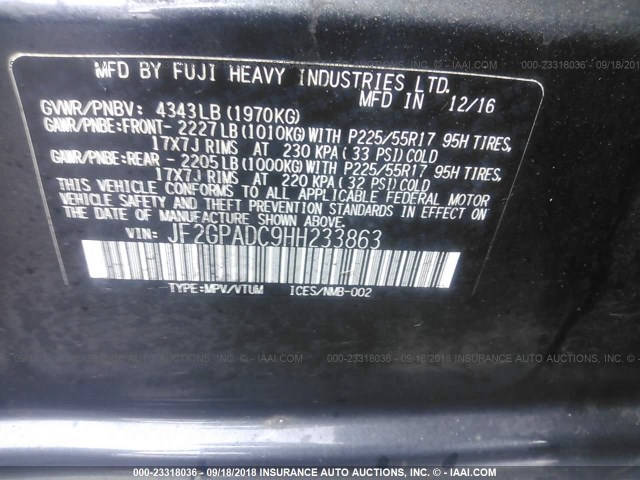 JF2GPADC9HH233863 - 2017 SUBARU CROSSTREK PREMIUM Mavi foto 9