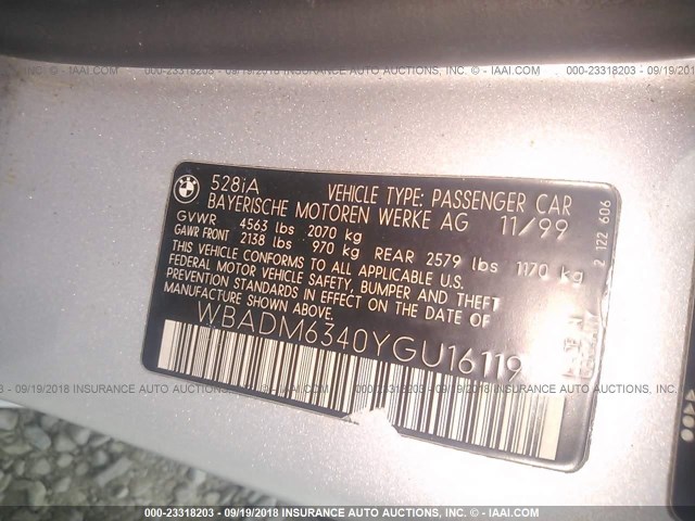 WBADM6340YGU16119 - 2000 BMW 528 I AUTOMATIC SILVER photo 9