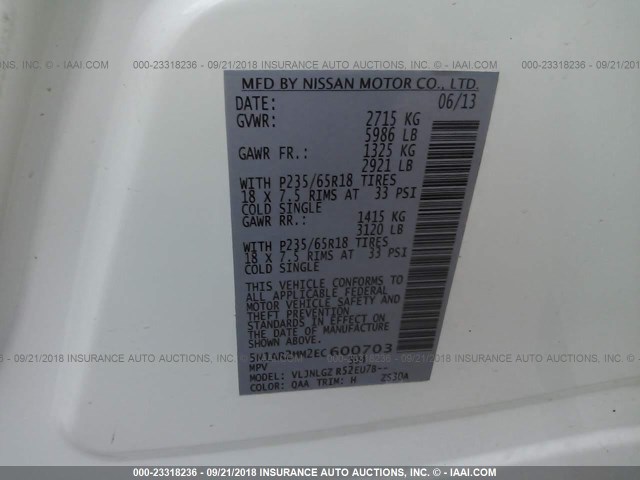 5N1AR2MM2EC600703 - 2014 NISSAN PATHFINDER S/SV/SL/PLATINUM WHITE photo 9