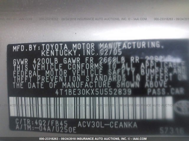 4T1BE30KX5U552839 - 2005 TOYOTA CAMRY LE/XLE/SE Бежевый фото 9