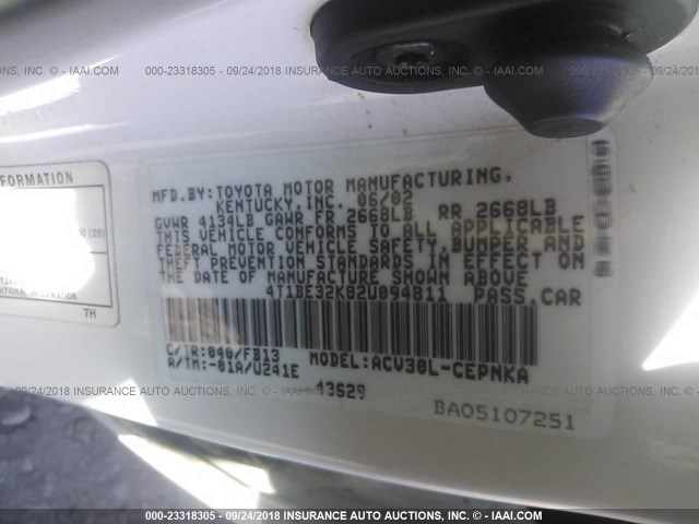 4T1BE32K82U094811 - 2002 TOYOTA CAMRY LE/XLE/SE Ağ foto 9