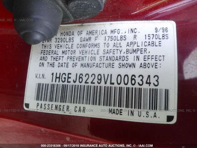 1HGEJ6229VL006343 - 1997 HONDA CIVIC DX RED photo 9