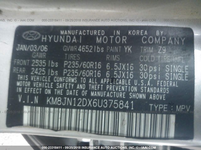 KM8JN12DX6U375841 - 2006 HYUNDAI TUCSON GLS/LIMITED SILVER photo 9