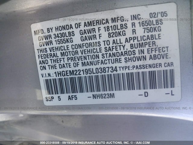 1HGEM22195L038734 - 2005 HONDA CIVIC DX VP SILVER photo 9