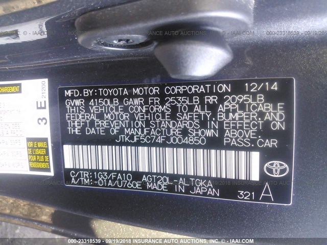 JTKJF5C74FJ004850 - 2015 TOYOTA SCION TC 灰色 照片 9