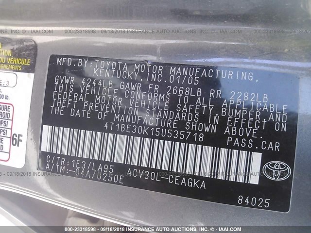 4T1BE30K15U535718 - 2005 TOYOTA CAMRY LE/XLE/SE Сұр фото 9