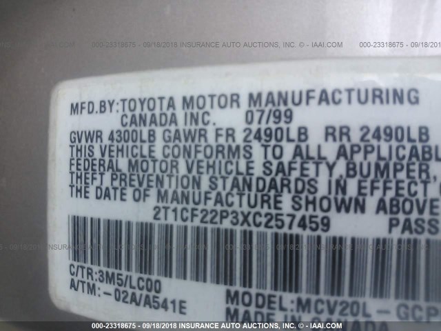 2T1CF22P3XC257459 - 1999 TOYOTA CAMRY SOLARA SE/SLE ბეჟი ფოტო 9