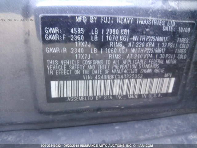 4S4BRBKCXA3332363 - 2010 SUBARU OUTBACK 2.5I LIMITED GRAY photo 9