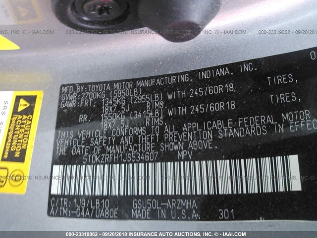 5TDKZRFH1JS534607 - 2018 TOYOTA HIGHLANDER SE/XLE SILVER photo 9