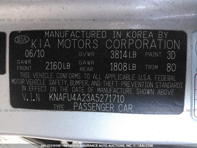 KNAFU4A23A5271710 - 2010 KIA FORTE EX SILVER photo 9