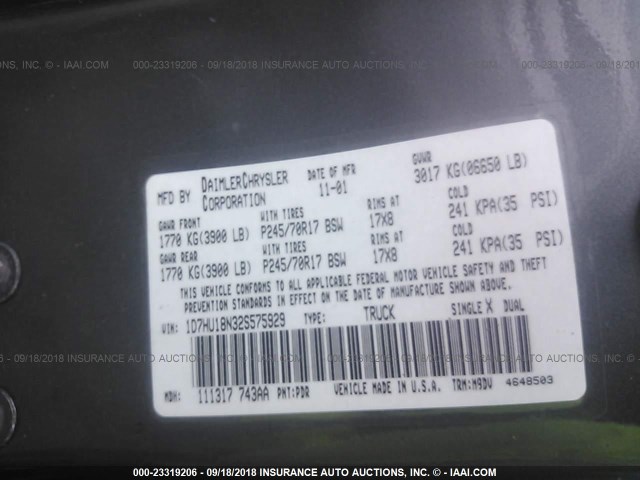 1D7HU18N32S575929 - 2002 DODGE RAM 1500 GRAY photo 9