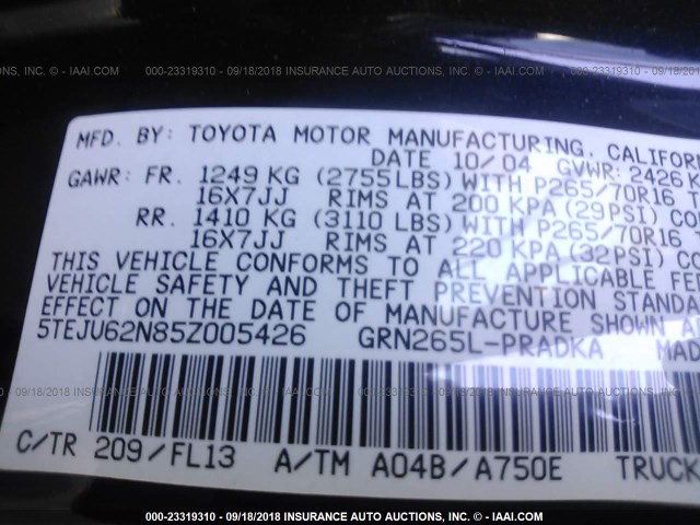 5TEJU62N85Z005426 - 2005 TOYOTA TACOMA DOUBLE CAB PRERUNNER BLACK photo 9