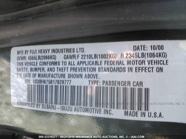 4S3BH675817629777 - 2001 SUBARU LEGACY OUTBACK AWP 绿色 照片 9