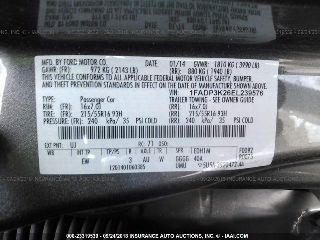 1FADP3K26EL239576 - 2014 FORD FOCUS SE GRAY photo 9