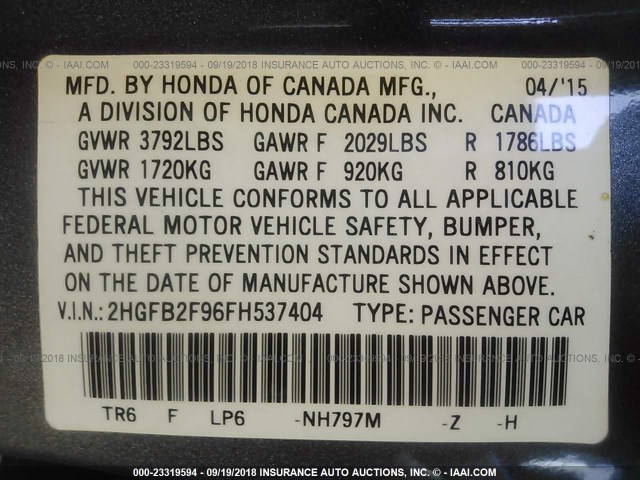 2HGFB2F96FH537404 - 2015 HONDA CIVIC EXL 灰色 照片 9